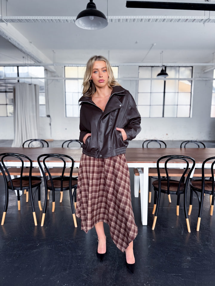 Plaid Check Midi Skirt — Brown