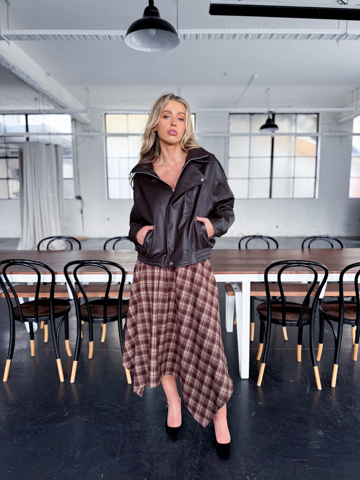 Plaid Check Midi Skirt — Brown