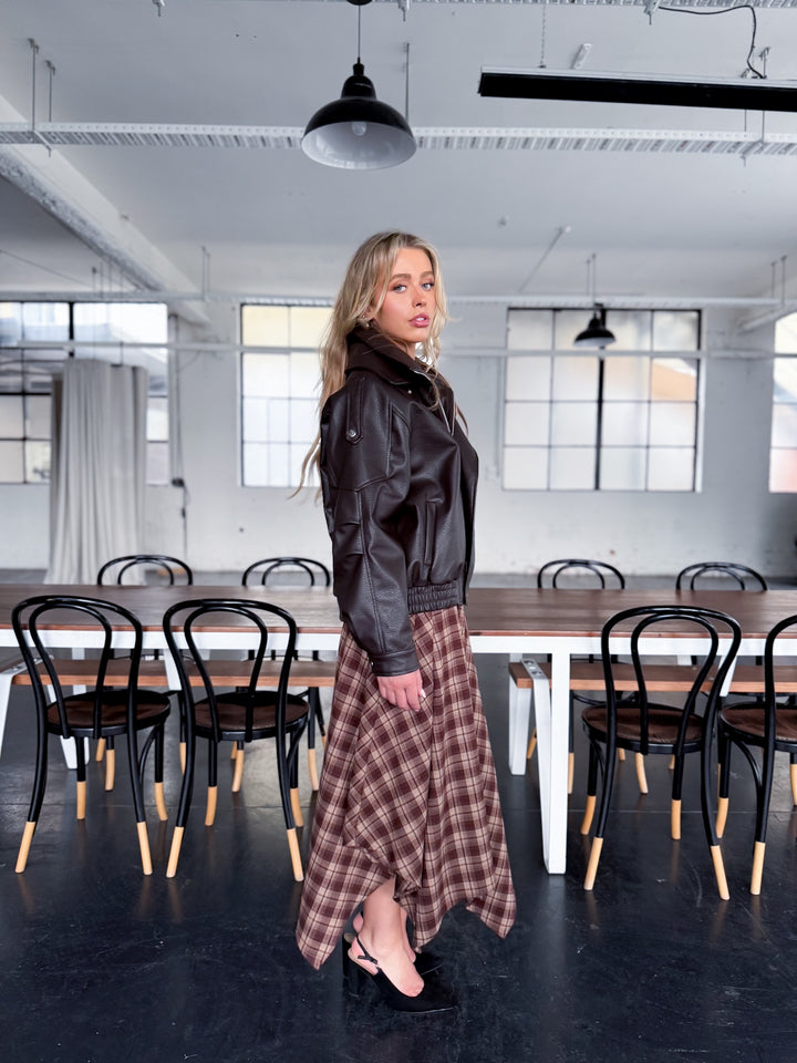 Plaid Check Midi Skirt — Brown