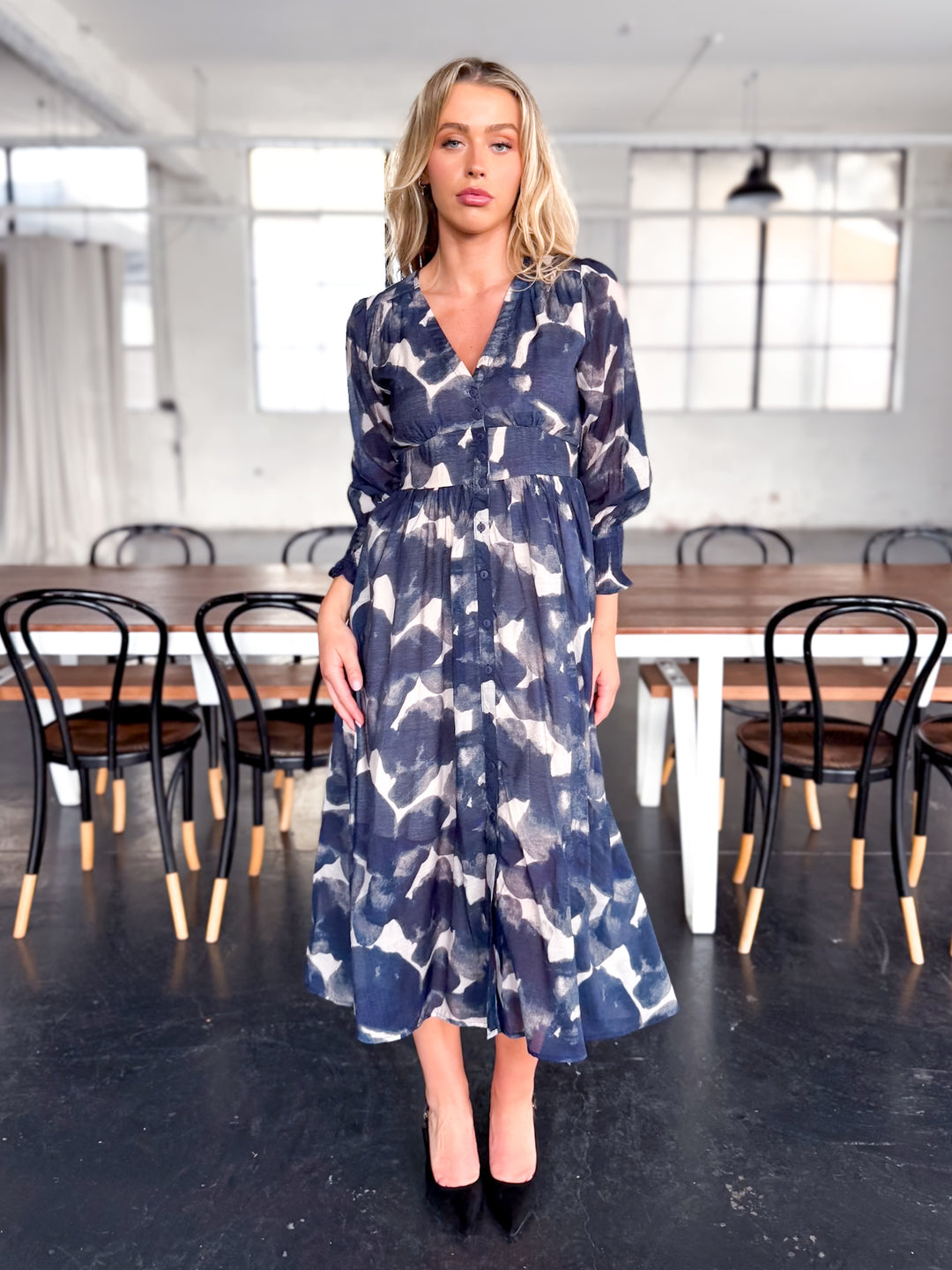 Abstract Print Midi Dress — Navy