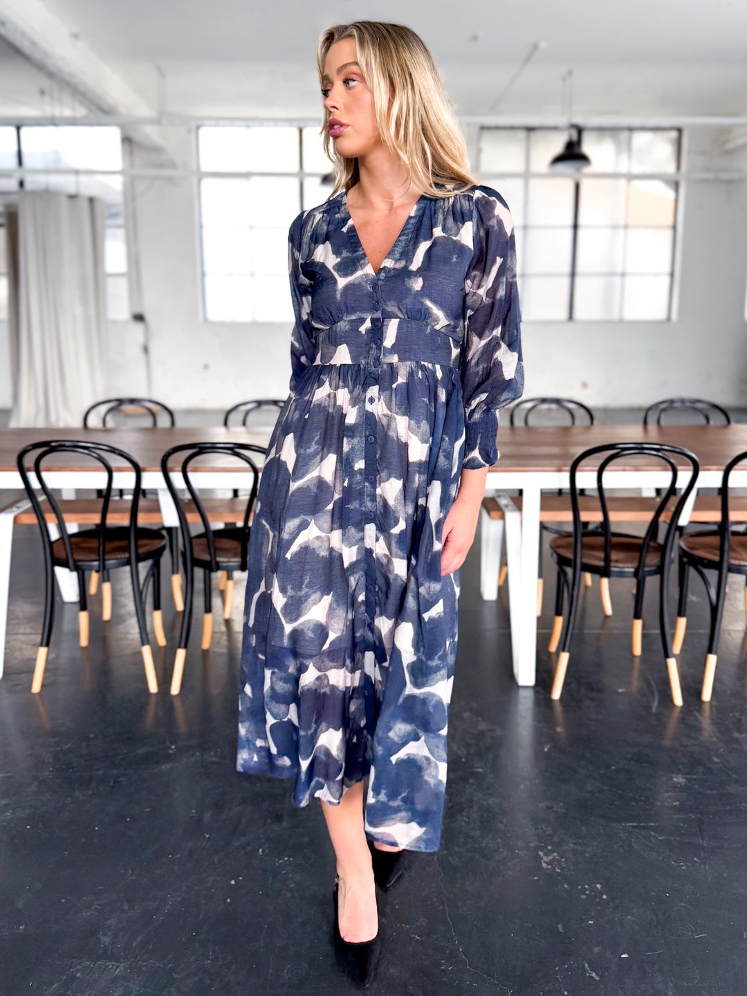 Abstract Print Midi Dress — Navy