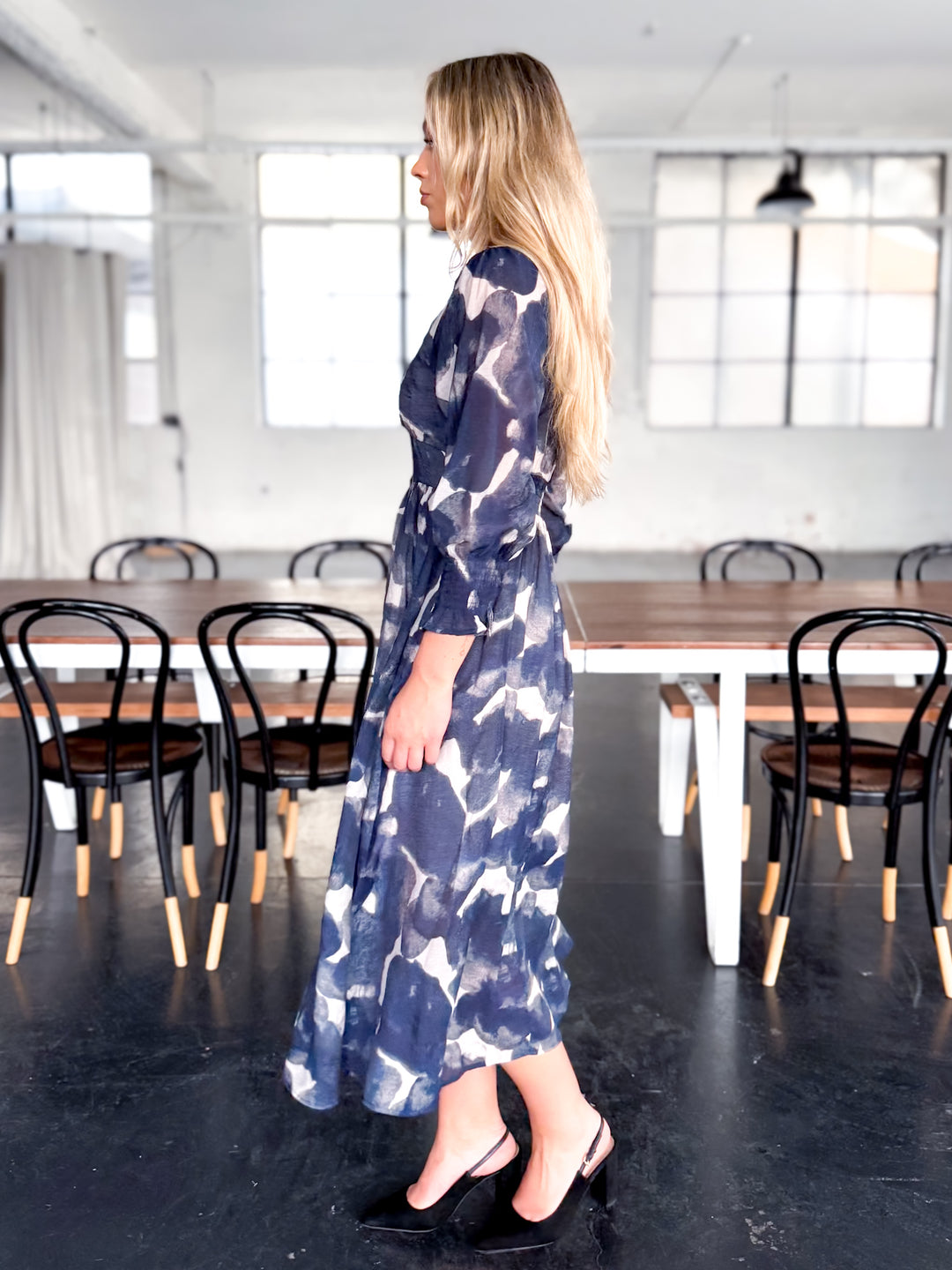 Abstract Print Midi Dress — Navy