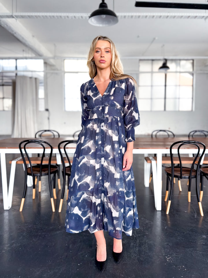 Abstract Print Midi Dress — Navy