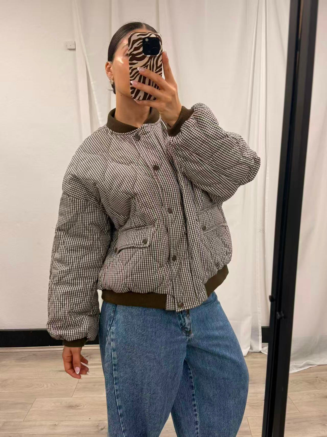 Gingham Check Puffer Bomber - Brown Check