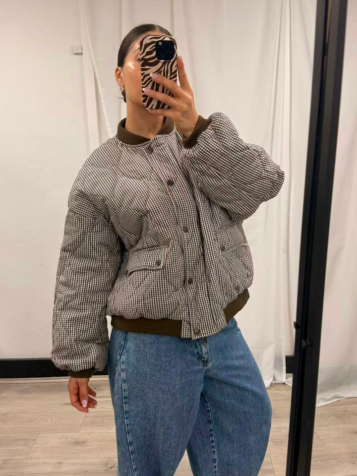Gingham Check Puffer Bomber - Brown Check