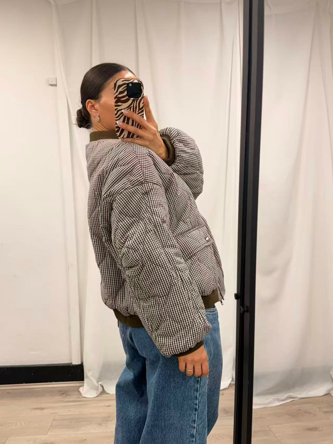 Gingham Check Puffer Bomber - Brown Check