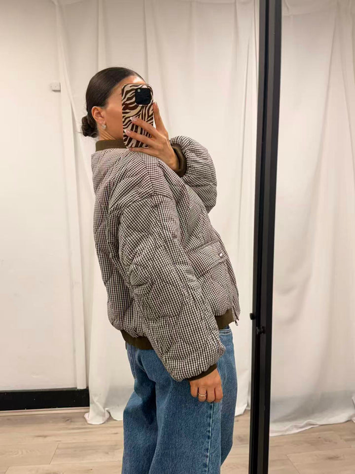 Gingham Check Puffer Bomber - Brown Check