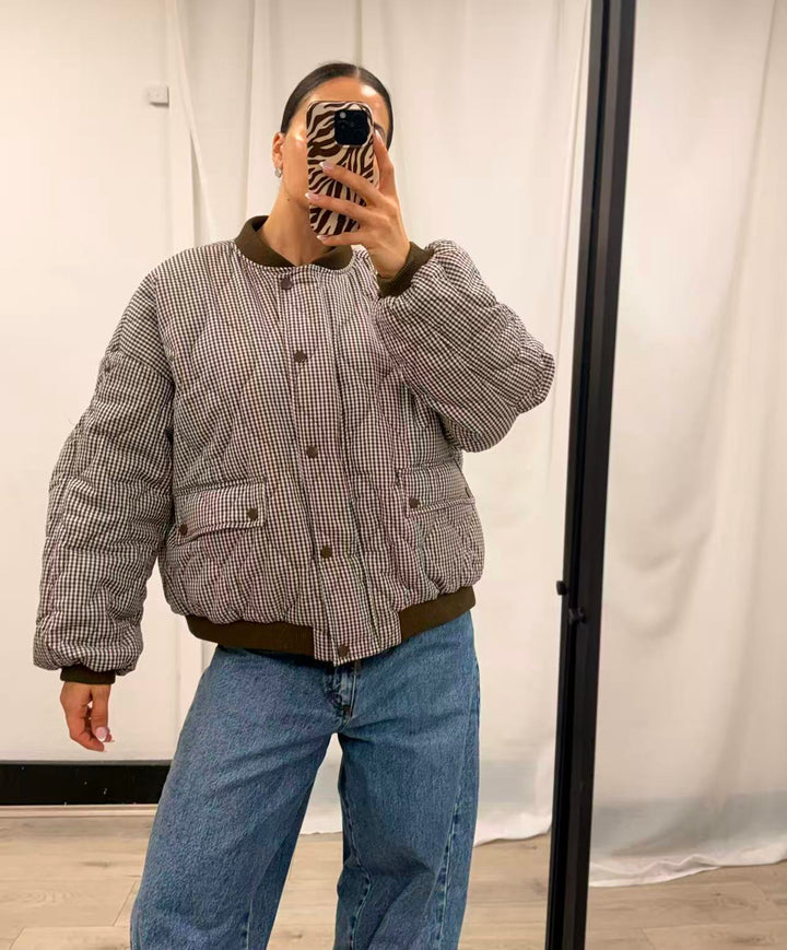 Gingham Check Puffer Bomber - Brown Check