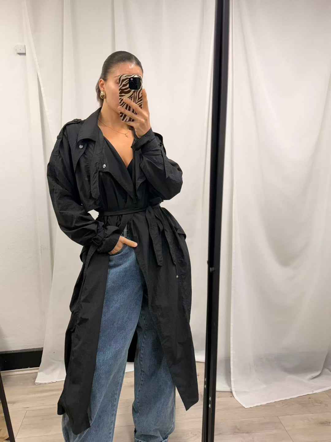 Lightweight Nylon Trench Coat - Black