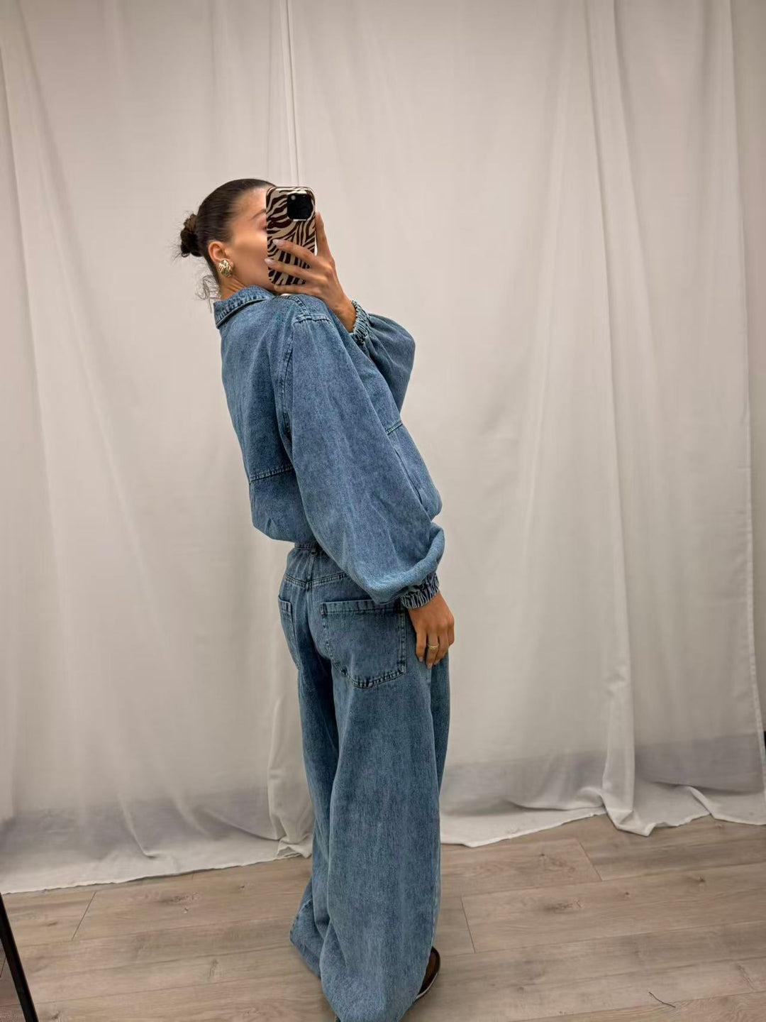 Denim Cropped Balloon Sleeve Jacket - Mid Wash Denim