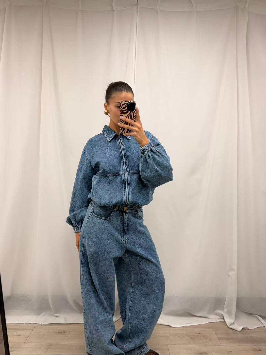 Denim Cropped Balloon Sleeve Jacket - Mid Wash Denim