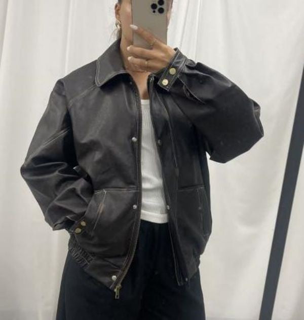PU Leather Cropped Bomber Jacket - Black