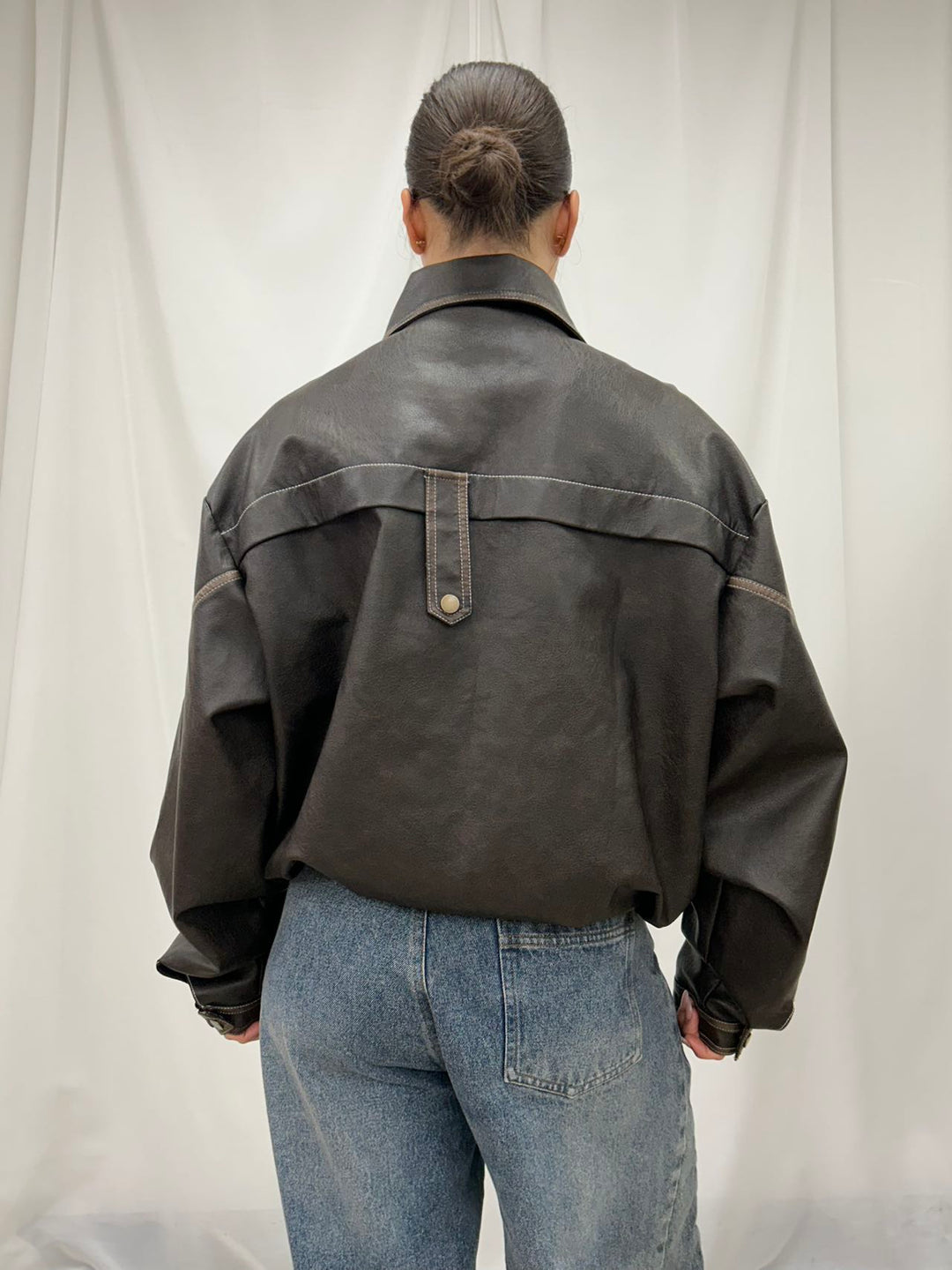 PU Leather Cropped Bomber Jacket - Brown