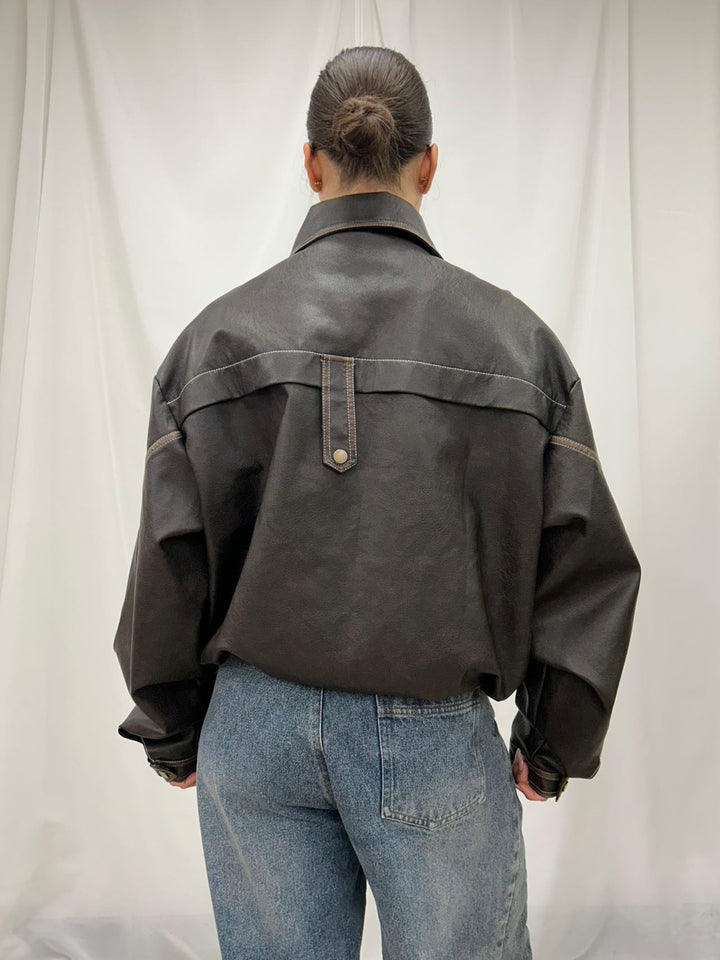 PU Leather Cropped Bomber Jacket - Brown