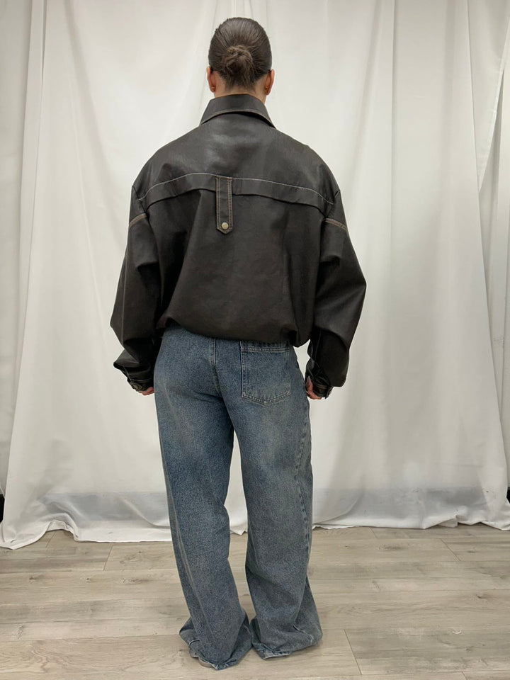 PU Leather Cropped Bomber Jacket - Brown