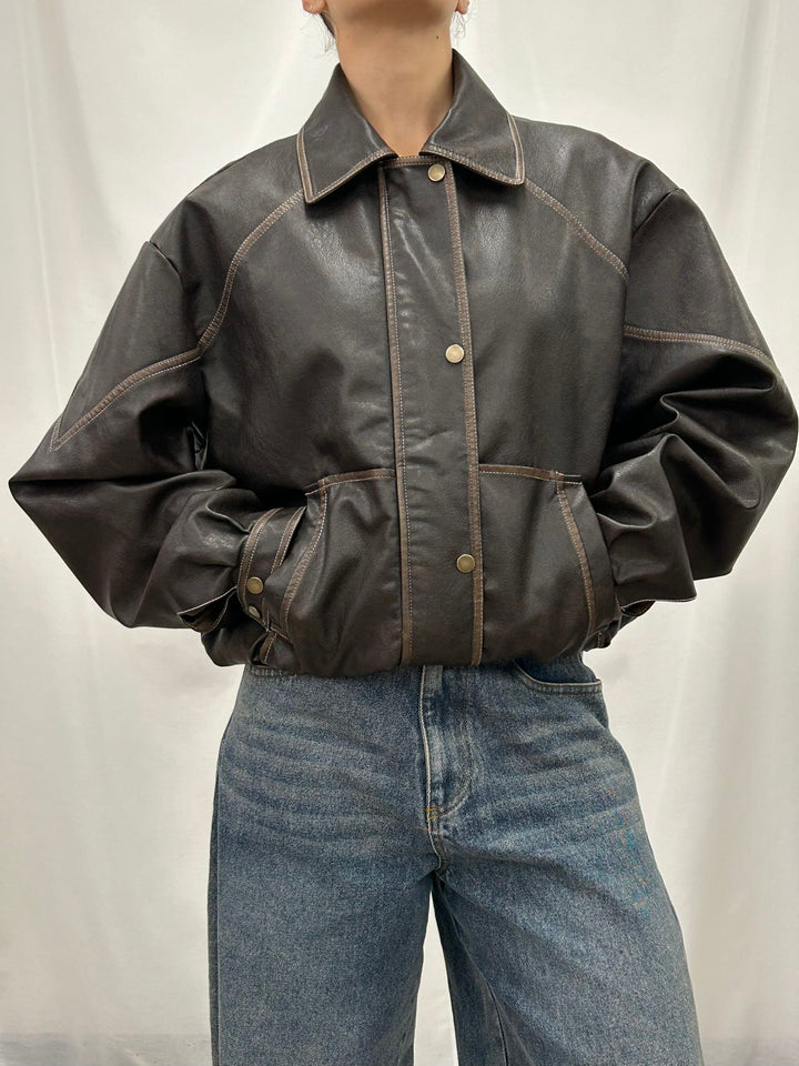 PU Leather Cropped Bomber Jacket - Brown