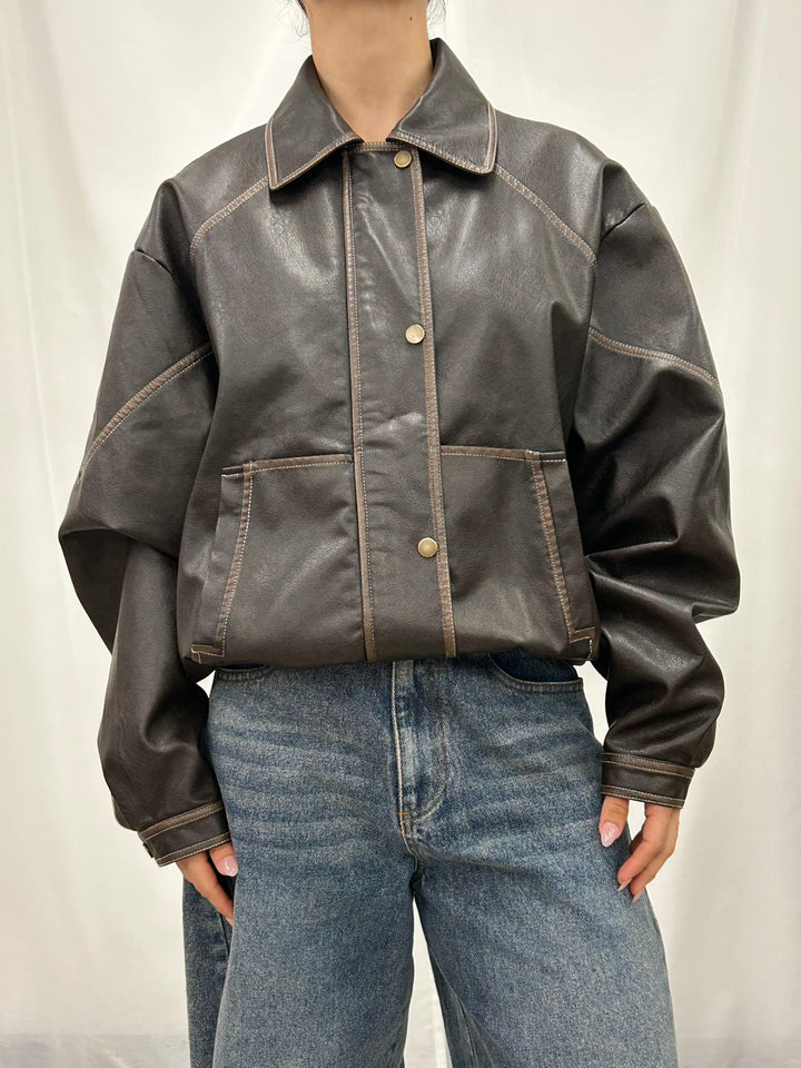 PU Leather Cropped Bomber Jacket - Brown