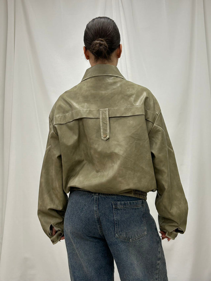 PU Leather Cropped Bomber Jacket - Green