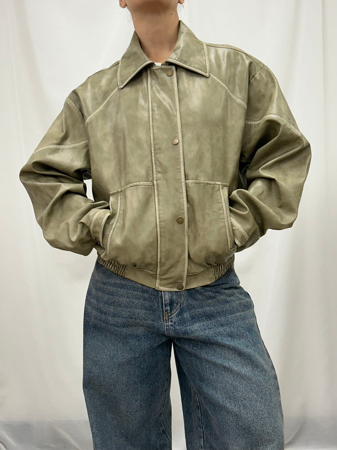 PU Leather Cropped Bomber Jacket - Green