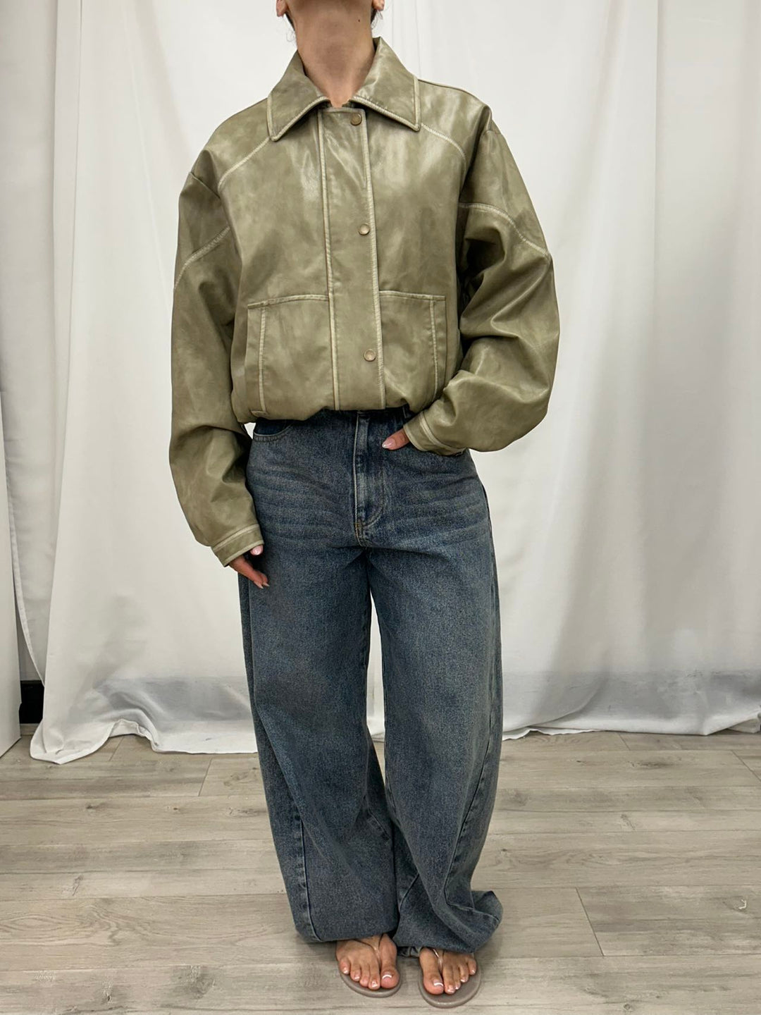 PU Leather Cropped Bomber Jacket - Green