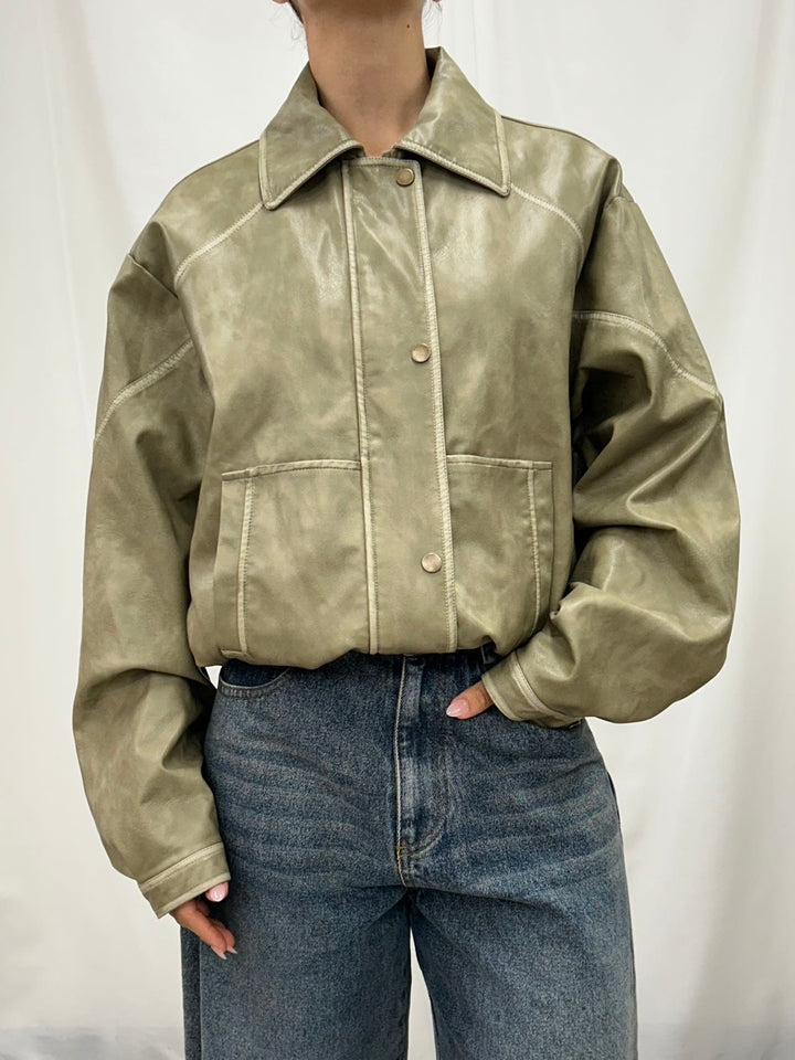 PU Leather Cropped Bomber Jacket - Green