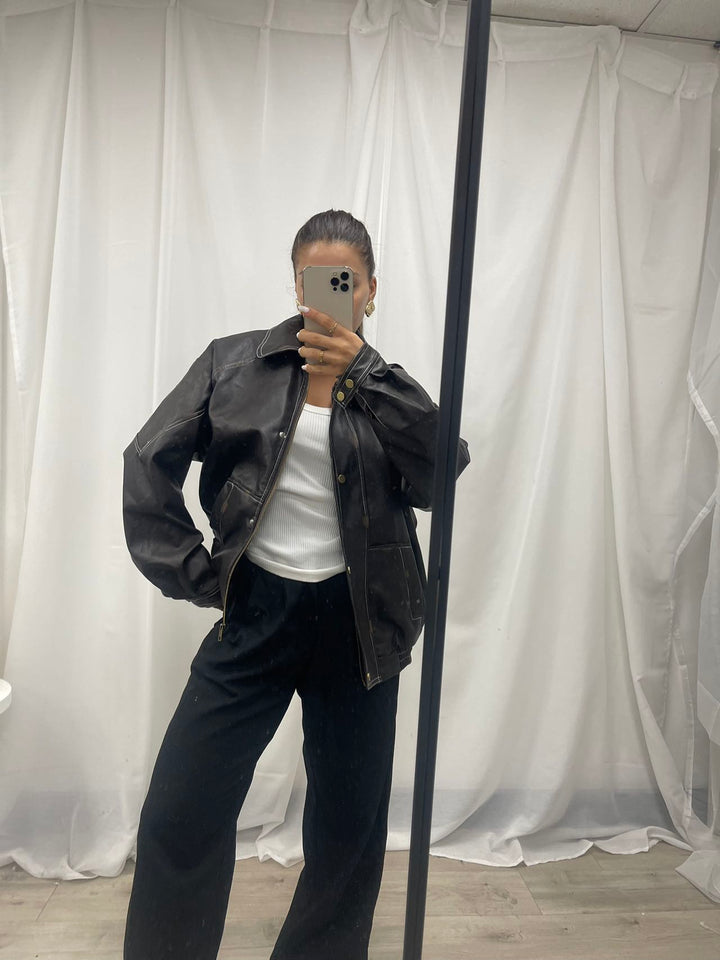 PU Leather Cropped Bomber Jacket - Black