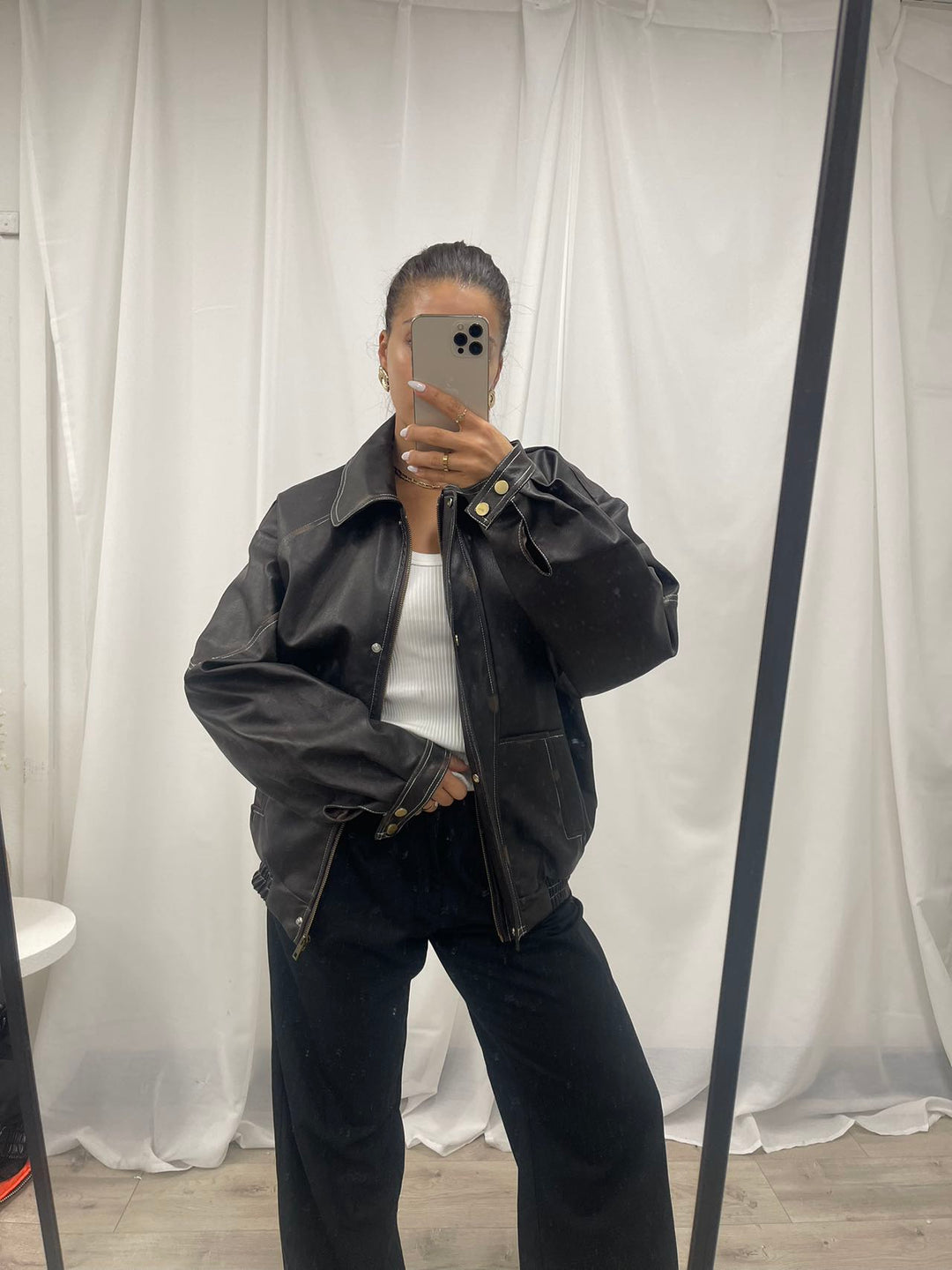 PU Leather Cropped Bomber Jacket - Black