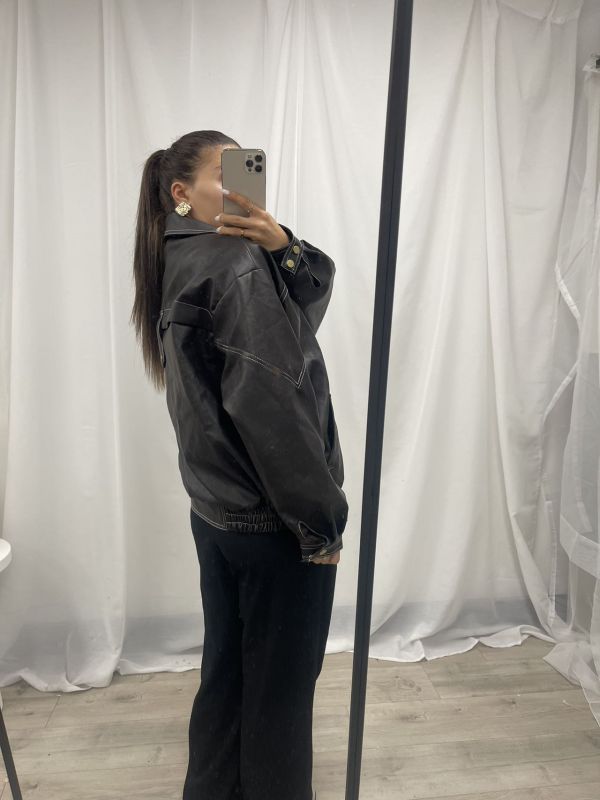 PU Leather Cropped Bomber Jacket - Black