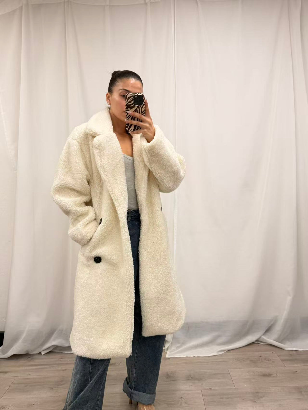 Teddy Fleece Longline Coat - Cream