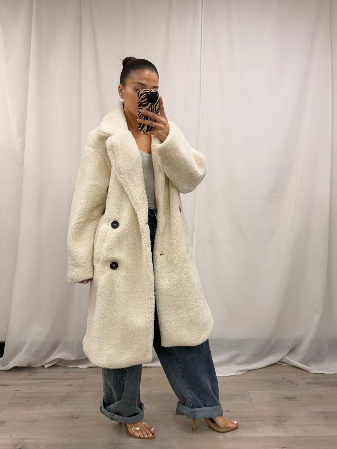 Teddy Fleece Longline Coat - Cream