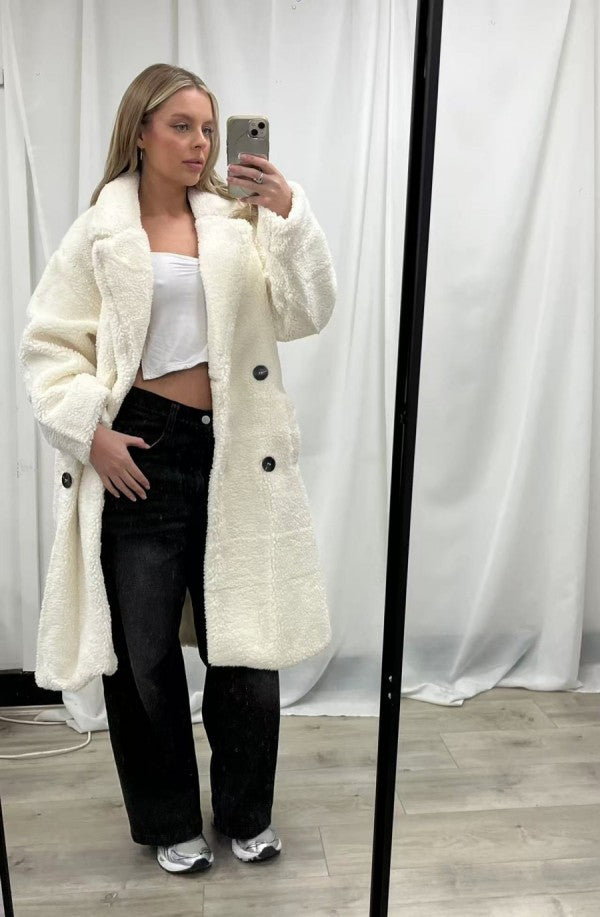 Teddy Fleece Longline Coat - Cream