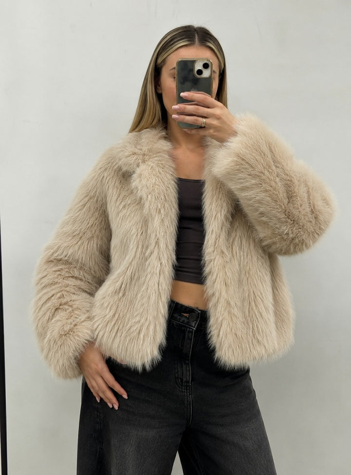 Faux Fur Cropped Jacket - Beige