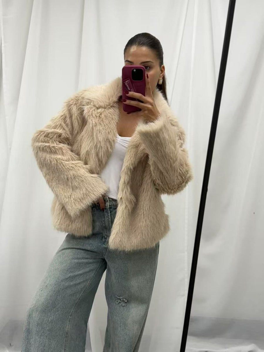 Faux Fur Cropped Jacket - Beige