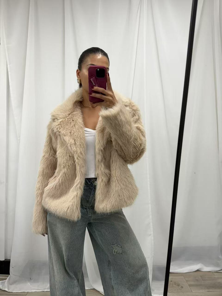 Faux Fur Cropped Jacket - Beige