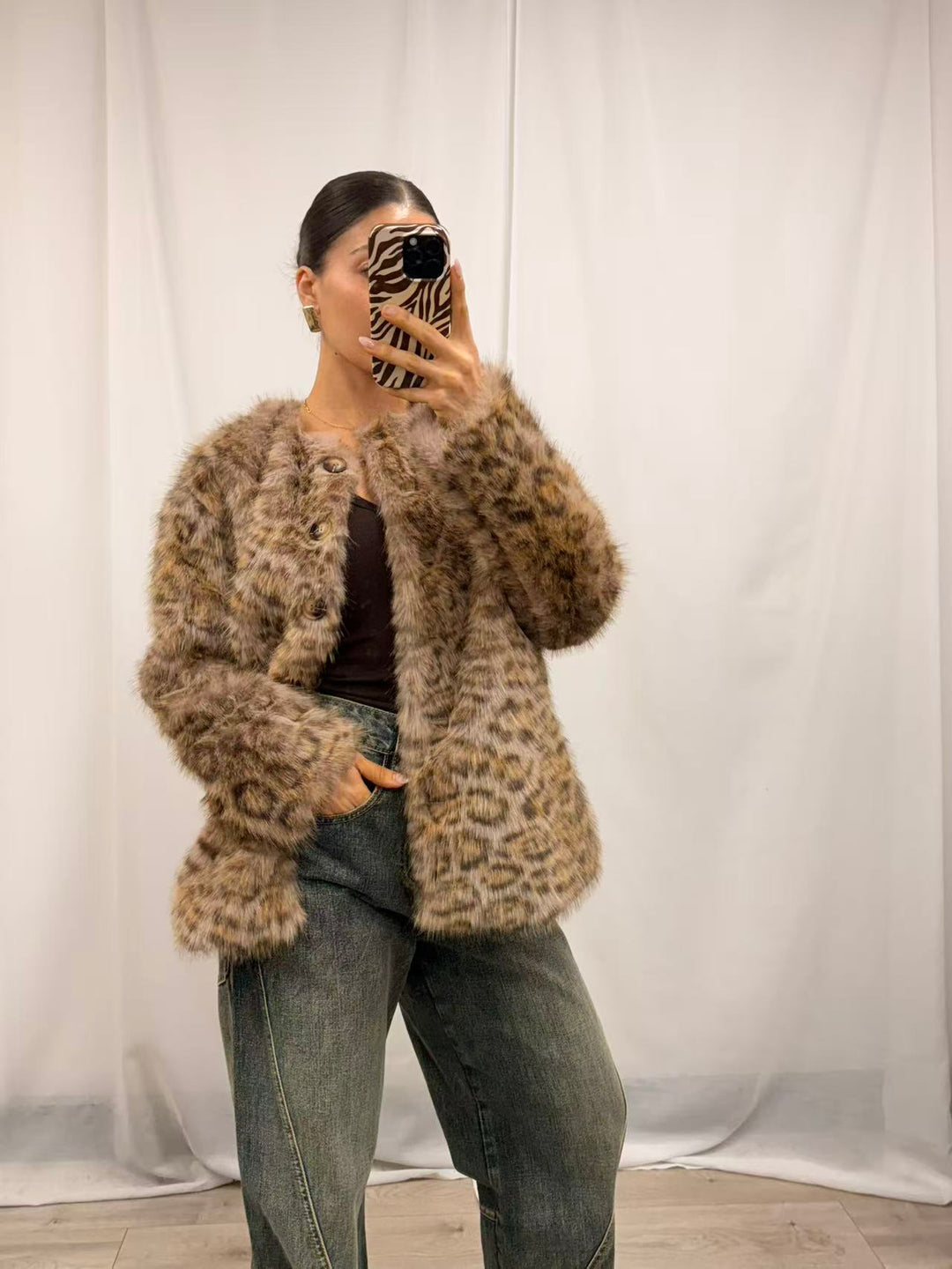 Faux Fur Leopard Print Jacket - Leopard