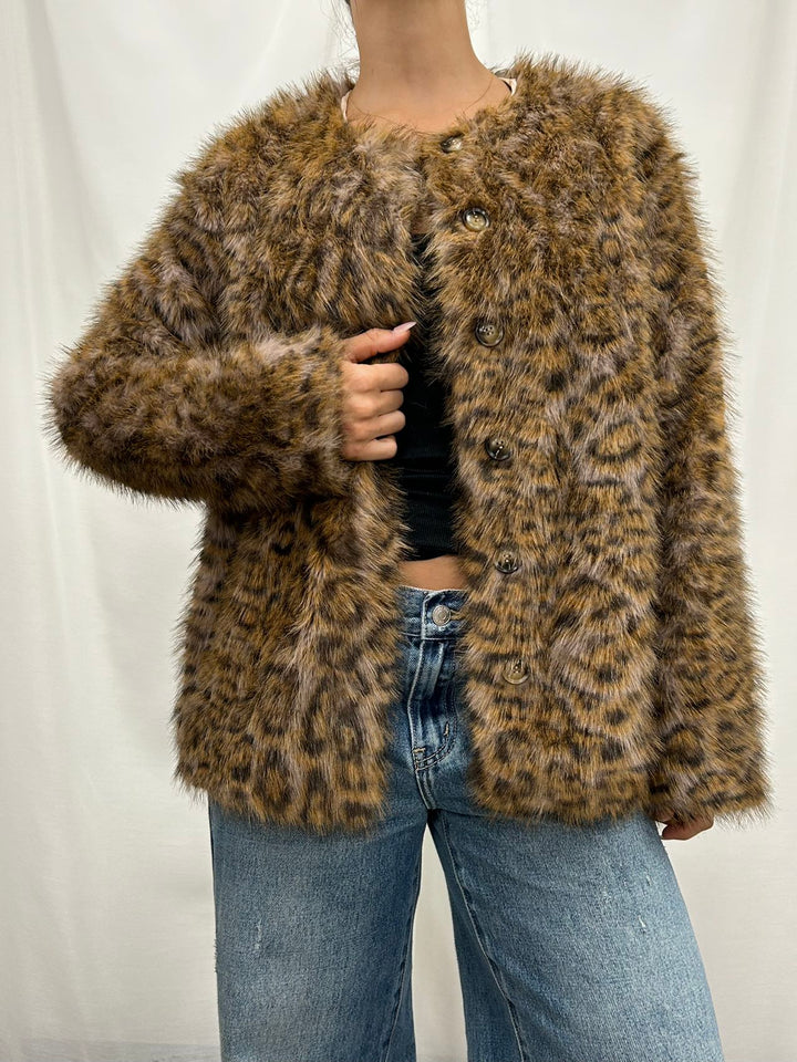 Faux Fur Leopard Print Jacket - Leopard