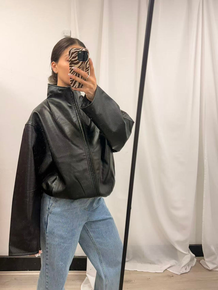 PU Leather Oversized Zip Jacket - Black