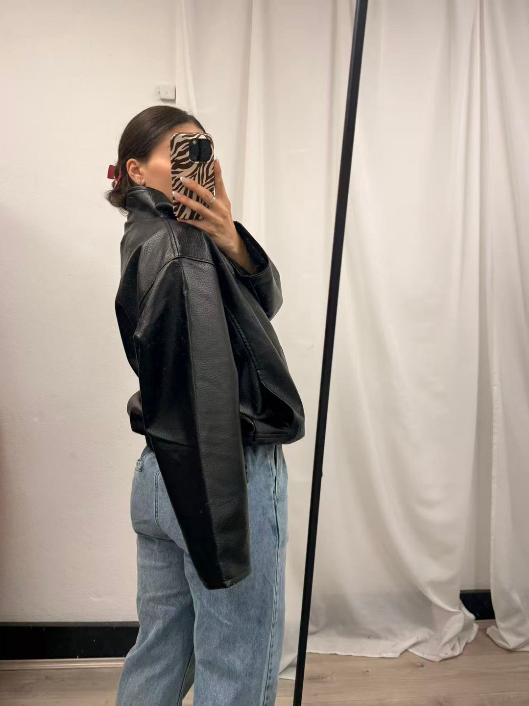 PU Leather Oversized Zip Jacket - Black