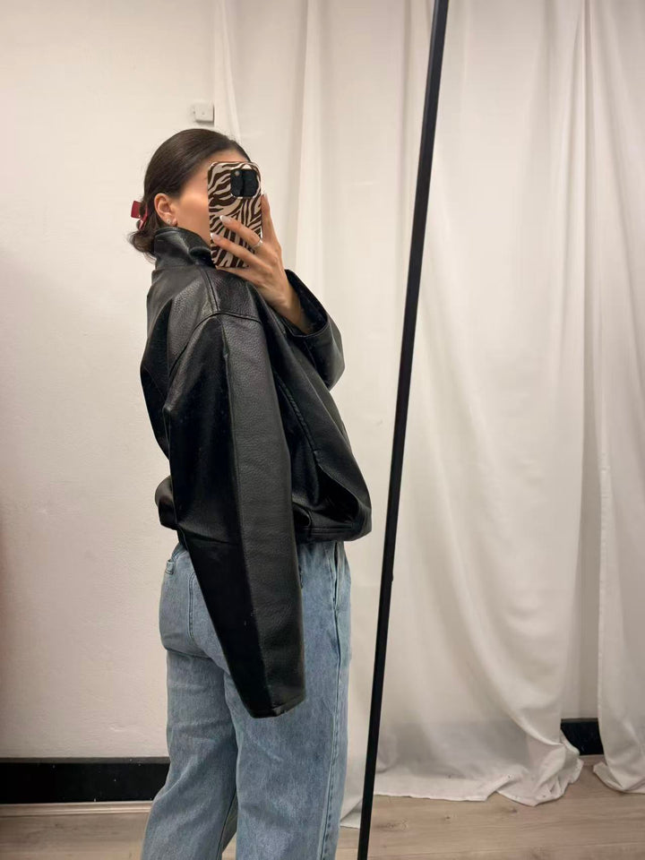PU Leather Oversized Zip Jacket - Black