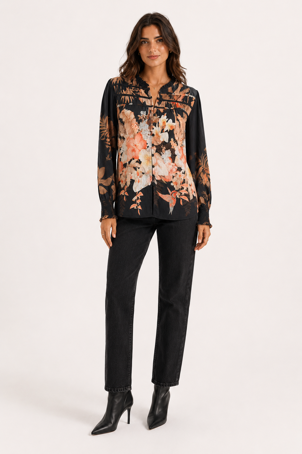 Frill Neck Printed Blouse - Black