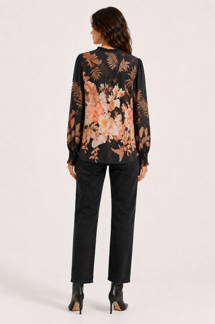 Frill Neck Printed Blouse - Black