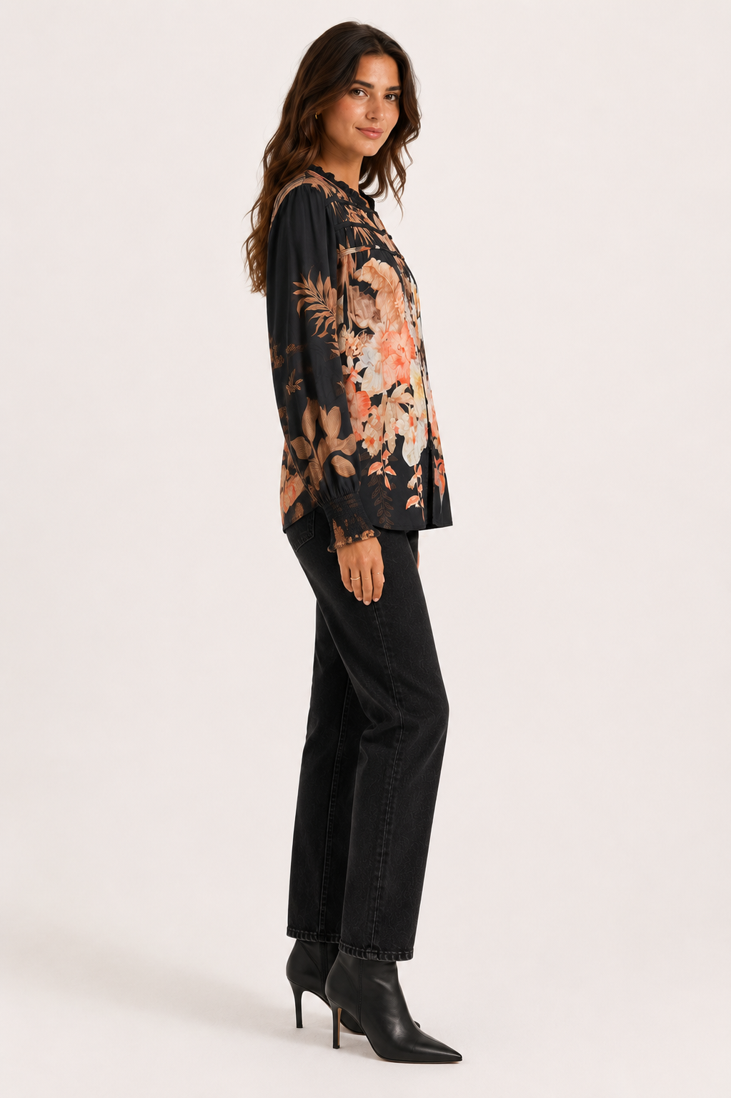 Frill Neck Printed Blouse - Black