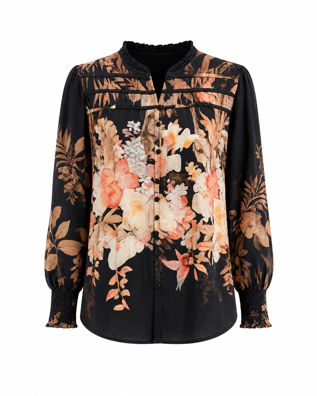 Frill Neck Printed Blouse - Black