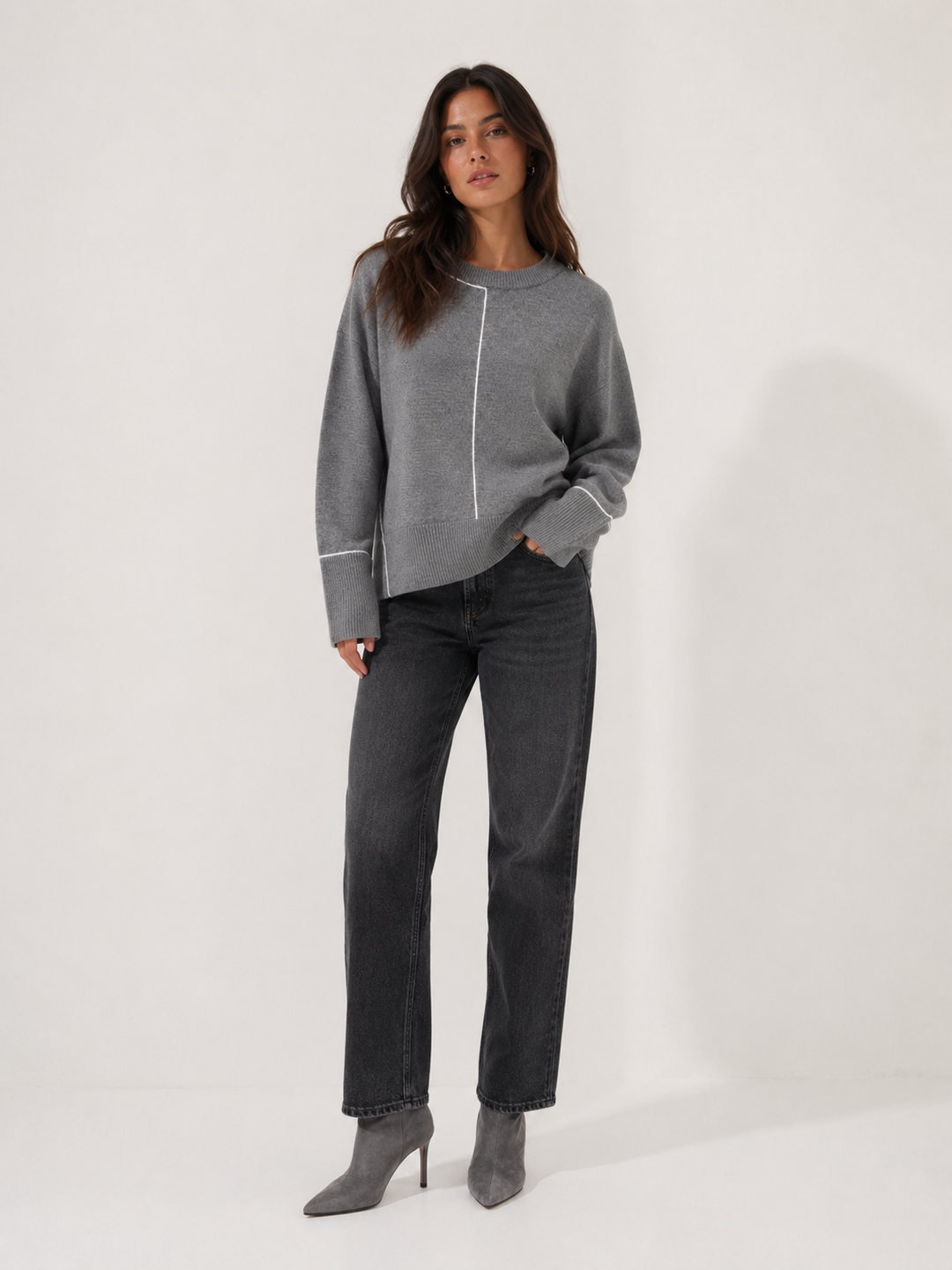 Oversized Crew Neck Sweater with Contrast Piping — Grey Marl