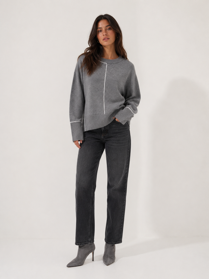 Oversized Crew Neck Sweater with Contrast Piping — Grey Marl