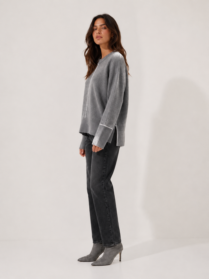 Oversized Crew Neck Sweater with Contrast Piping — Grey Marl