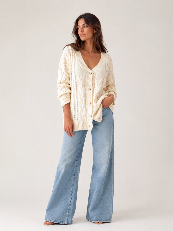 Cable Knit V-Neck Cardigan — Ivory