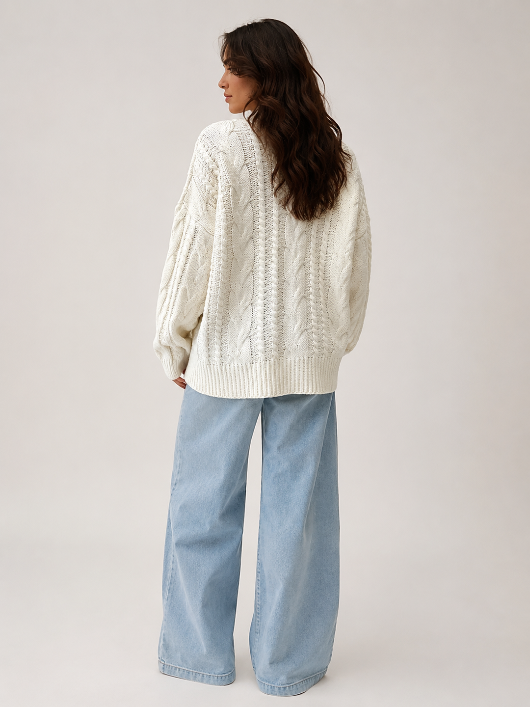 Cable Knit V-Neck Cardigan — Ivory