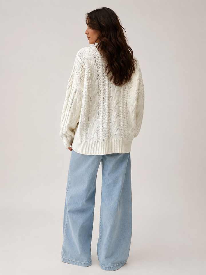 Cable Knit V-Neck Cardigan — Ivory