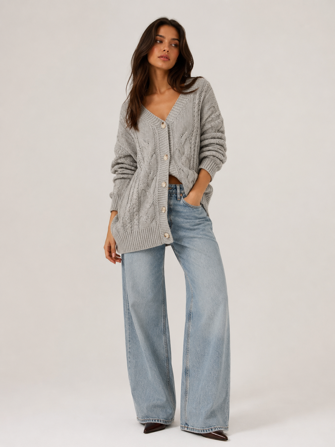 Cable Knit V-Neck Cardigan — Grey Marl